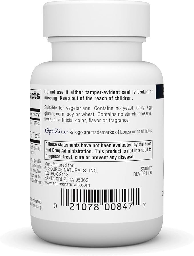 Source Naturals OptiZinc Zinc Methionine Sulfate Complex & Dietary Supplement - 60 Tablets