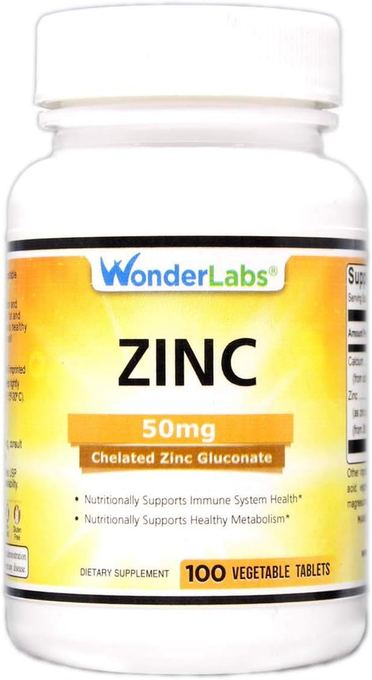 Chelated Zinc Gluconate 50 mg - Supports Healthy Skin, Immune System, Cell Growth, and More - 100 Vegetarian Tablets