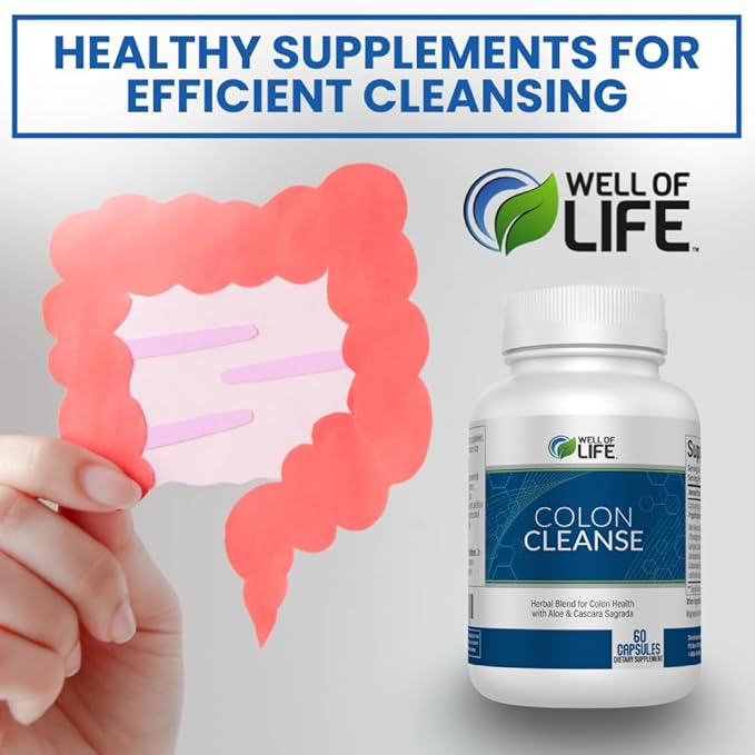 Well of Life: Colon Cleanse: Aloe Vera, Cascara Sagrada, Rhubarb Root, Bentonite. Helps in Digestion, Helps Relieves Constipation. 700mg | 60 Vegetarian Capsules. Vegan, Non-GMO. USA-Made.