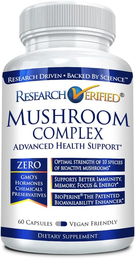 Research Verified Mushroom Complex - Support Immunity, Boost Antioxidants, Improve Cognitive Function - 10 Mushrooms Including Reishi, Maitake, and Shiitake - 60 Capsules - Vegan
