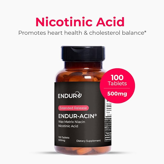 ENDUR-ACIN, Extended Release Niacin for Optimal Absorption & Low-Flush Vitamin B3 Niacin 500mg, Premium Niacin Supplement Made in USA, 100 Tablets
