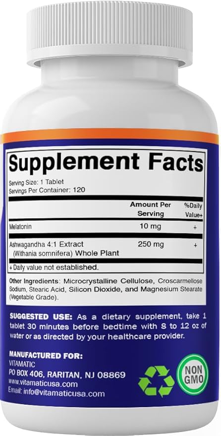 Vitamatic Melatonin 10mg with Ashwagandha 4:1 Extract 250 mg 120 Tablets