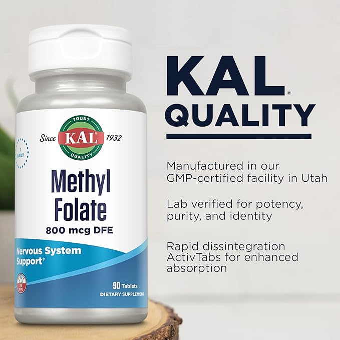 KAL Methyl Folate 800 mcg DFE, 5-MTHF Active Form Vitamin B9, Folic Acid Supplement, Heart Health, Prenatal, Mood and Brain Support, Fast Dissolving ActivTab, 60-Day Guarantee, 90 Servings, 90 Tablets