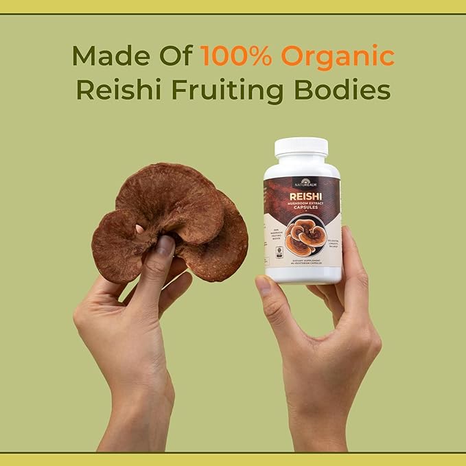 Naturealm Reishi Mushroom Supplement - Organic Reishi Mushroom Extract Capsules for Wellness & Cognitive Support - 90 Vegetarian Capsules with Red Reishi Mushrooms