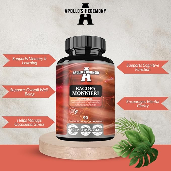 APOLLO'S HEGEMONY Bacopa Monnieri Extract 500mg, High Strength Brahmi Extract (50% Bacosides), 90 Vegan Capsules, 3 Months Supply, Herbal Supplements for Enhanced Mental Clarity and Focus