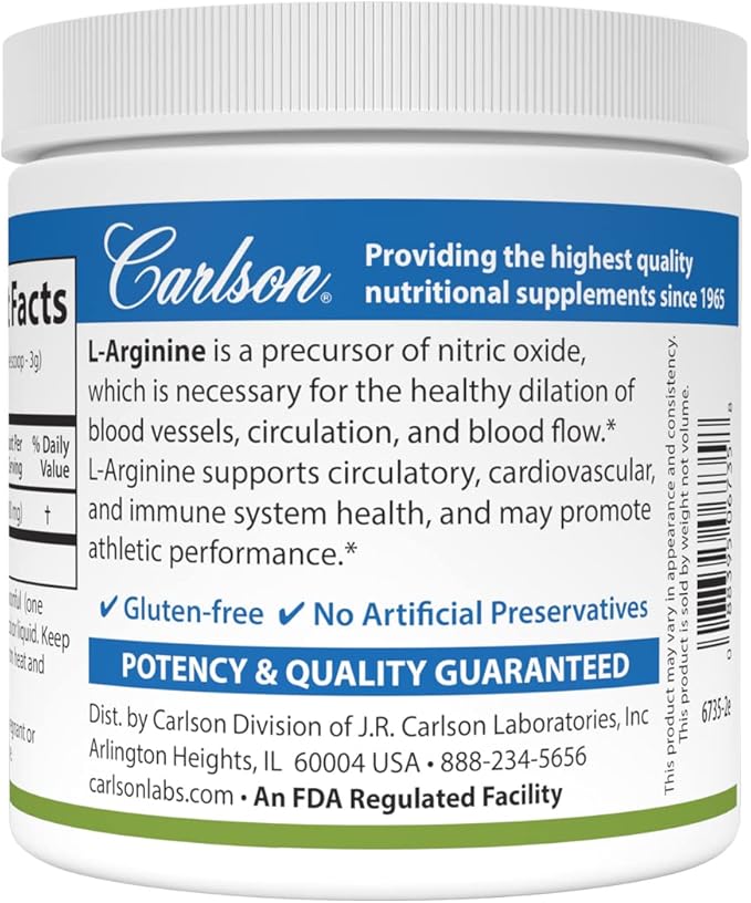 Carlson - L-Arginine Powder, Free-Form Amino Acid, Circulatory Health, 3.53 oz (100 g)