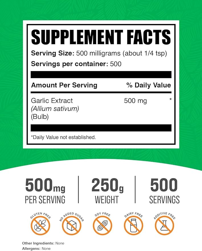 BulkSupplements.com Garlic Extract Powder - Garlic Supplement, Garlic Powder Supplement, Allium Sativum - Herbal & Gluten Free, 500mg per Serving, 250g (8.8 oz) (Pack of 1)