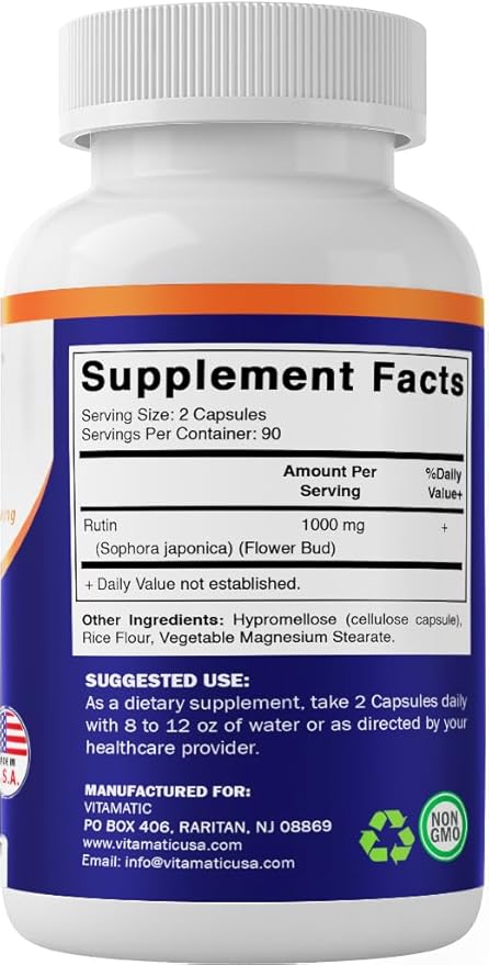 Vitamatic Rutin 1000mg Supplement, 90 Servings, Bioflavonoid, Free Radical Scavenger, Non-GMO, Gluten Free, Vegetarian