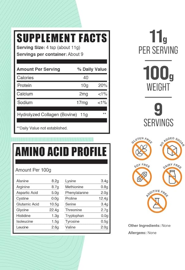 BulkSupplements.com Collagen Peptides Powder - Bovine Collagen Powder, Powdered Collagen Supplement - Hydrolyzed & Gluten Free, 11g per Serving, 100g (3.5 oz) (Pack of 1)