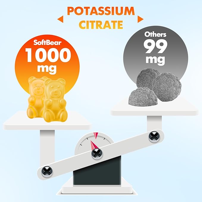 softbear Potassium Citrate 1000mg, Sugar Free Potassium Gummies for Adults Support Leg Cramps & Muscle Health High Potency Potassium Supplement Gummies Orange Flavor 120 Count