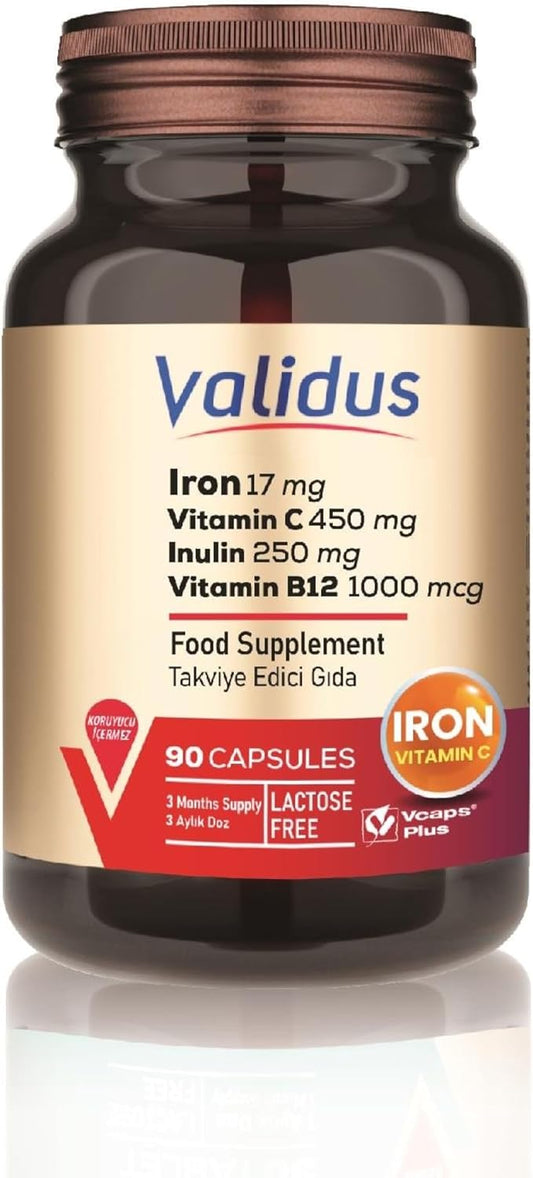 Validus Premium Iron 17 mg - 450 mg Vitamin C - Vitamin B12 1000 mcg - Red Blood Cell Support - Energy Production - Highly Bioavailable Iron Pill - Gluten Free & Vegan - 90 Capsules