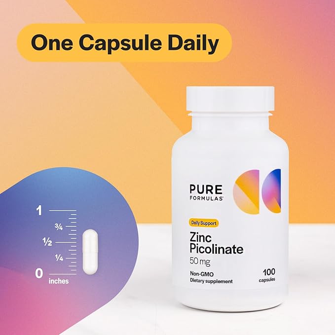 PureFormulas Zinc Picolinate 50 mg - Immunity & Hormone Support - Bioavailable 50 mg Zinc Supplement 100 Capsules