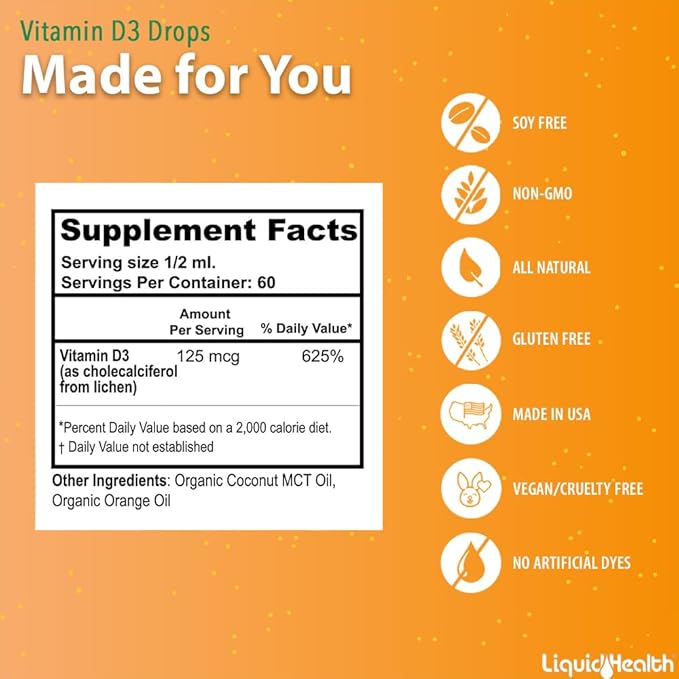 LIQUIDHEALTH Vitamin D3 5000 IU, USDA Organic Vitamin D Liquid Drops for Adults & Kids, Vegan Vitamin D for Immune System Support, Bone Health, Mood Support, Healthy Skin - Made in USA (2 Pack)