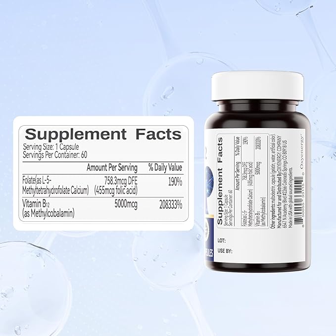 OxyEnergy Methyl Vitamin B12 5000mcg, Extra Strength Methylcobalamin B-12 Supplements with Folate, Support Nerves, Energy Metabolism & Cognitive,60 Capsules