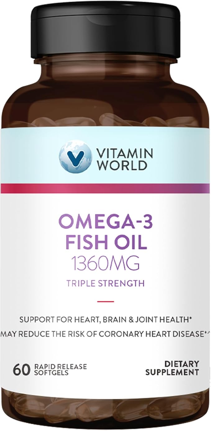 Vitamin World Triple Strength Omega 3 Fish Oil 1360 mg Supplement, 950 mg Active Omega-3 Fatty Acids with EPA & DHA, Supports Heart, Brain & Joint Health, Gluten Free, 60 Softgels, 2 Months Supply