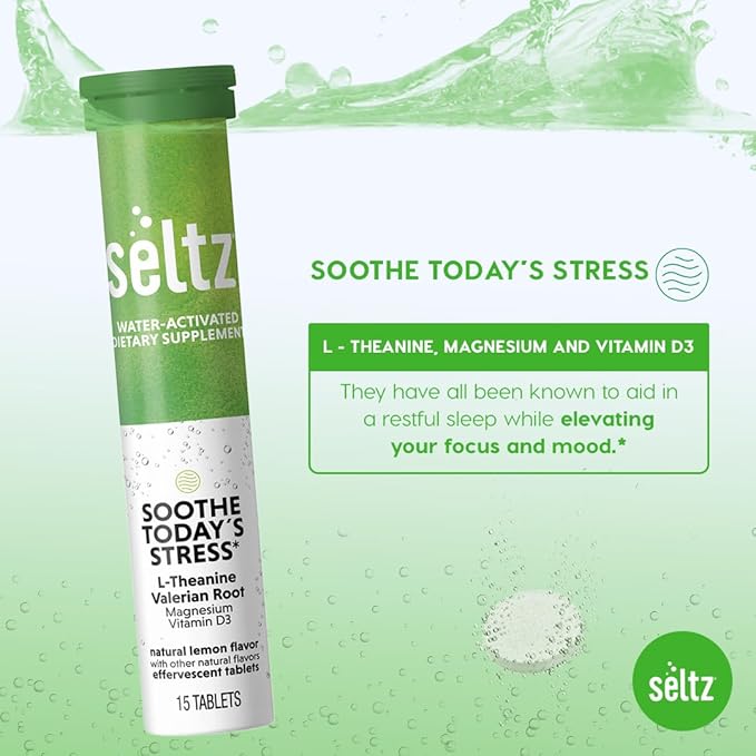 Seltz® Water-Activated Vitamins - Soothe Today´s Stress with L-Theanine, Magnesium, and Vitamin D3 – Natural Lemonade Flavor Dietary Supplement - 6 Packs x 15 Effervescent Tablets Each
