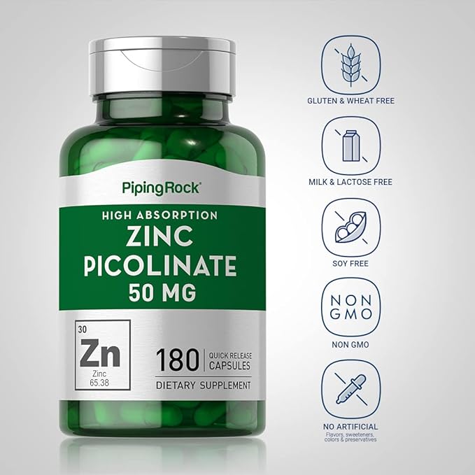 Piping Rock Zinc Picolinate 50mg | 180 Capsules | Non-GMO, Gluten Free Supplement