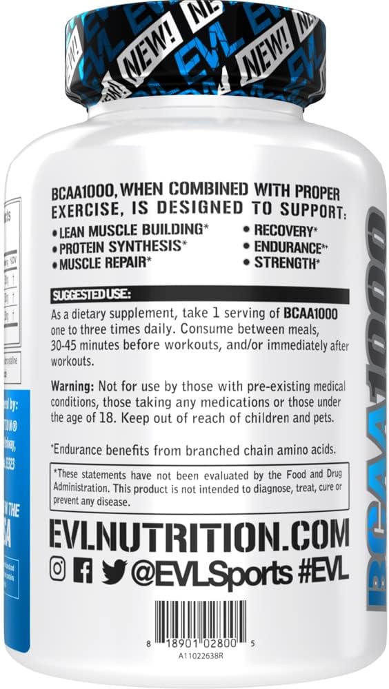 BCAAs Amino Acids Supplement for Men - EVL 2:1:1 5g Capsules for Post Workout Recovery and Lean Muscle Builder for Men - BCAA1000 Branched Chain Amino Acids Nutritional Supplement - 30 Servings