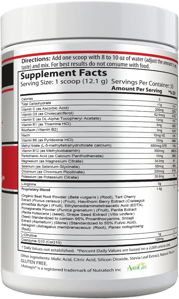 Cardiovascular Support Supplement (30 Servings, Over 12g per) Nitric Oxide Drink Mix (366 Grams, Mixed Berry)