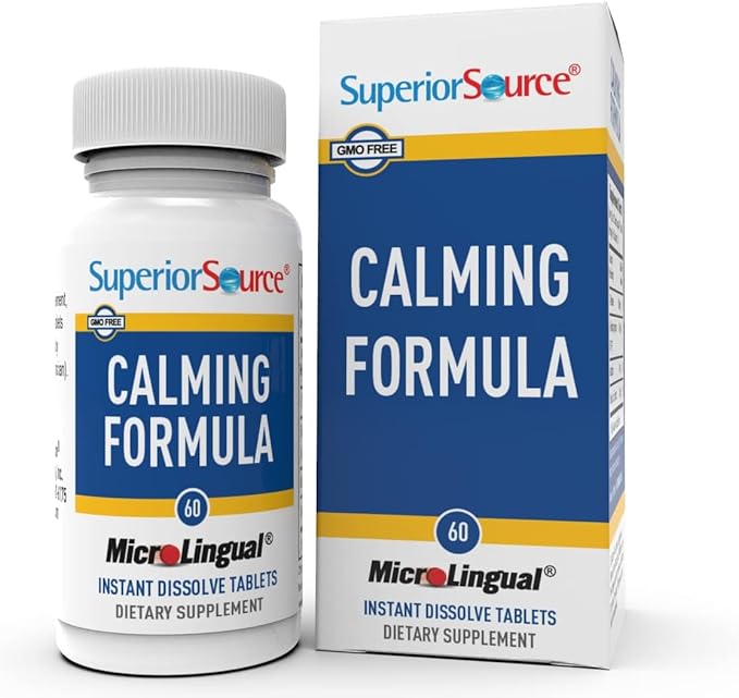 Superior Source Calming Formula, L-Theanine, Melatonin, Under The Tongue Quick Dissolve MicroLingual Tablets, 60 Ct, 5-HTP for Enhanced Serotonin Conversion, Positive Mood and Sleep Support, Non-GMO