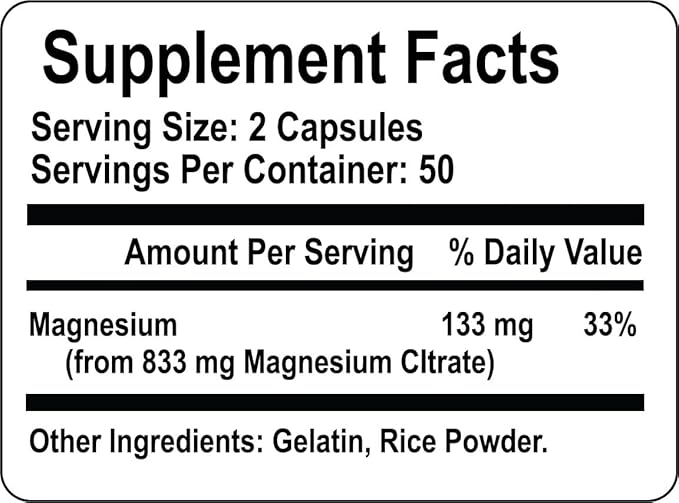 Magnesium Citrate High Absorption Formula 133 mg Per Serving, 100 Capsules