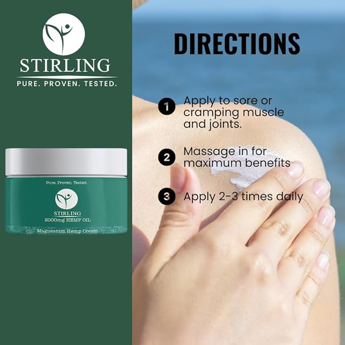STIRLING Magnesium Cream - 2000mg Hemp Oil + Magnesium & Arnica - Promotes Relief for Joint and Muscle Discomfort, Back Support, and More - Made in USA with Premium Ingredients