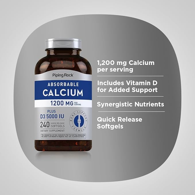 Piping Rock Calcium 1200 mg with Vitamin D3 | 240 Softgels | Absorbable Calcium Carbonate Pills | Non-GMO, Gluten Free Supplement