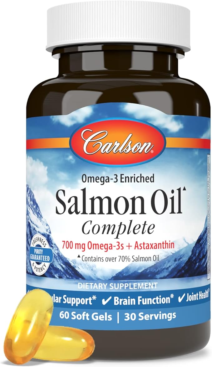 Carlson - Salmon Oil Complete, 700 mg Omega-3s + Astaxanthin, Cardiovascular Support, Brain Function & Joint Health, 60 Softgels