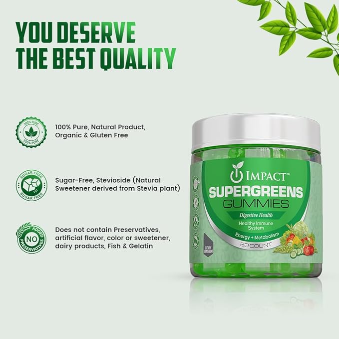 IMPACT Supergreens Veggies Gummies - Vegetarian Fiber Gummies for Adults & Kids - Daily Green Superfoods with Essential Vitamins & Support Immunity & Gut Health - 4g of Fiber per Two Gummy (60 Count)