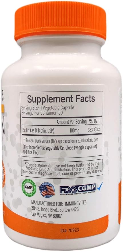 High Dose Biotin (as d-Biotin, USP) 100mg (Equivalent to 100,000mcg) 90 Capsules, High Potency