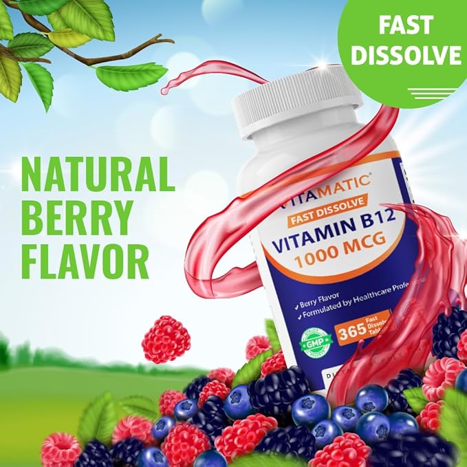 Vitamatic Vitamin B12 1000 mcg Fast Dissolve Tablets – Natural Berry Flavor – 365 Tablets per Bottle - 2 Bottles – Supports Energy Metabolism & Nervous System Health
