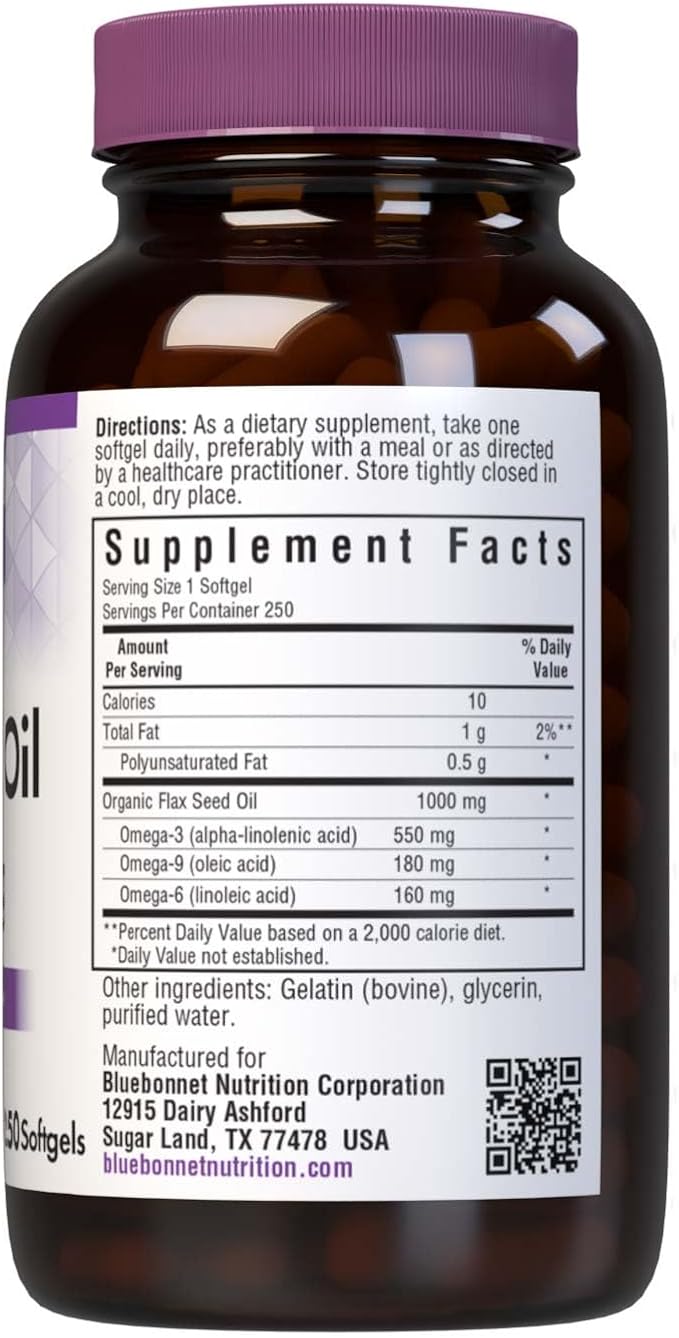 BlueBonnet Nutrition Flax Seed Oil Certified Organic 1000 mg, 250 Softgels