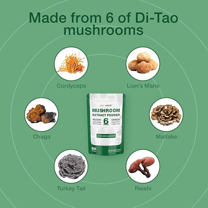 ECO-TASTE 6 Blend Mushroom Powder with 30% Beta-D-Glucan, Lions Mane, Reishi, Cordyceps, Chaga, Turkey Tail, Maitake, Fruiting Body Extract, 100 Grams