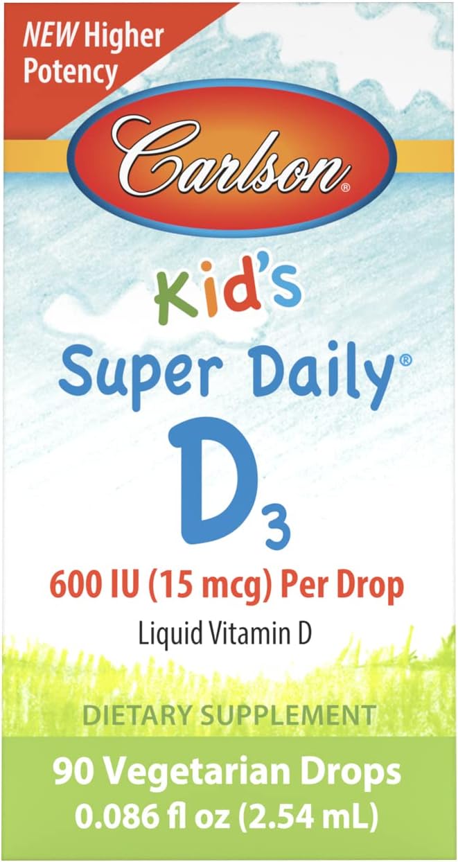 Carlson - Kid's Super Daily D3, Kids Vitamin D Drops, 600 IU (15 mcg) per Drop, Vegetarian, Liquid Vitamin D Drops for Kids, Unflavored, 90 Drops (2.54 mL)