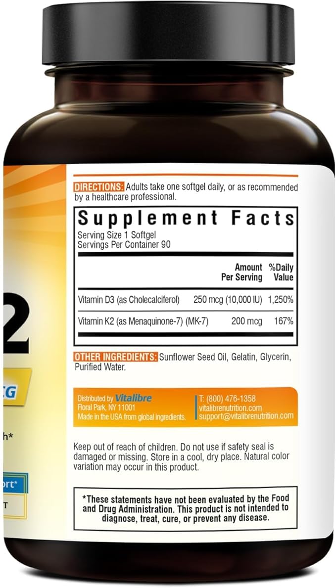 Vitamin D3 K2 Supplement, 10000 IU D3 / 200 mcg K2 MK7, Calcium Absorption, Bone, Heart, Immune & Muscle Support, Enhanced Absorption, No Soy, Easy to Swallow, 90 Softgels