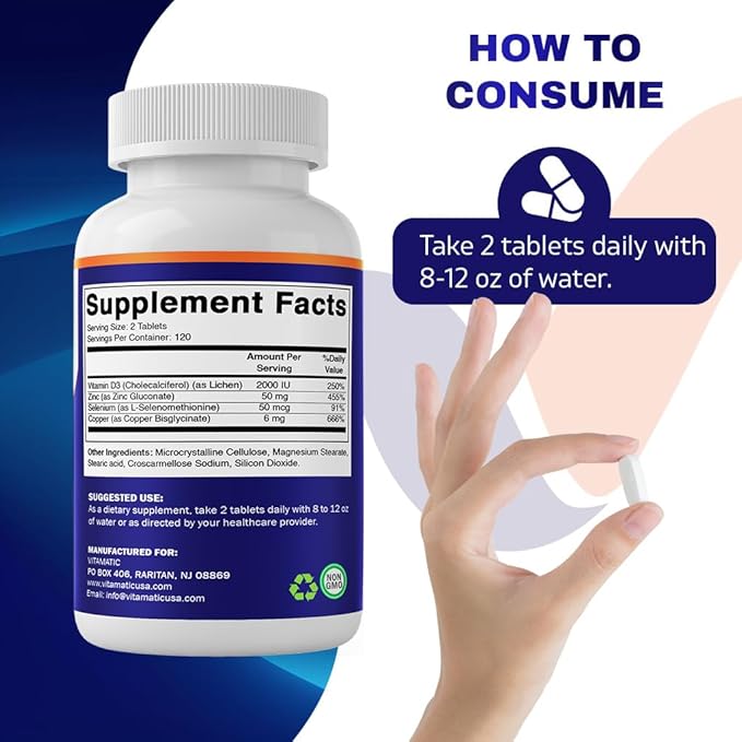 Vitamatic Copper Bisglycinate 6 mg Made with Vitamin D3 2000 IU, Zinc 50mg, Selenium 50mcg - 240 Tablets - Non-GMO & Gluten Free