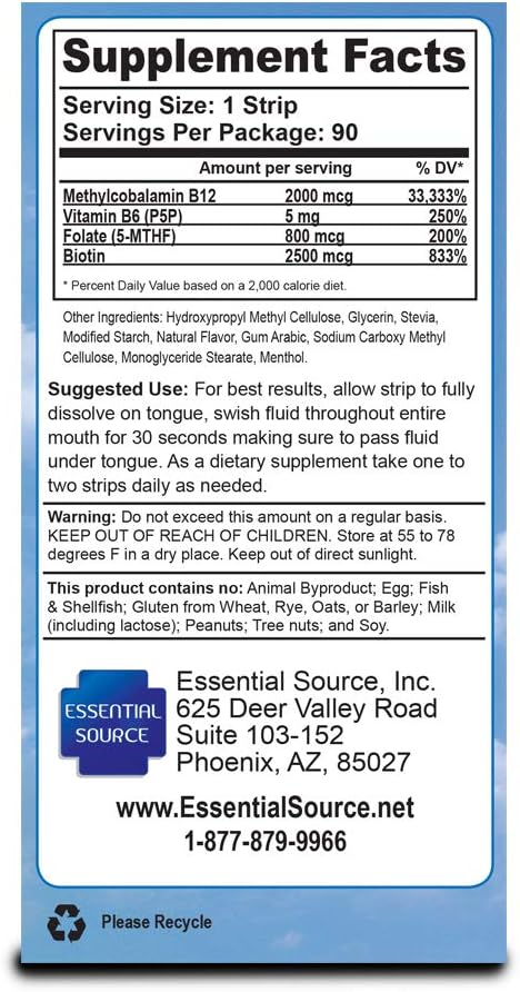 2,000 mcg Methylcobalamin Vitamin B12 Sublingual Energy Strips | Biotin, B6, 5-MTHF L-Methylfolate | Sublingual B12 Vitamins, Folate | Energy, Brain Health, Nerve Function - 90 Strips