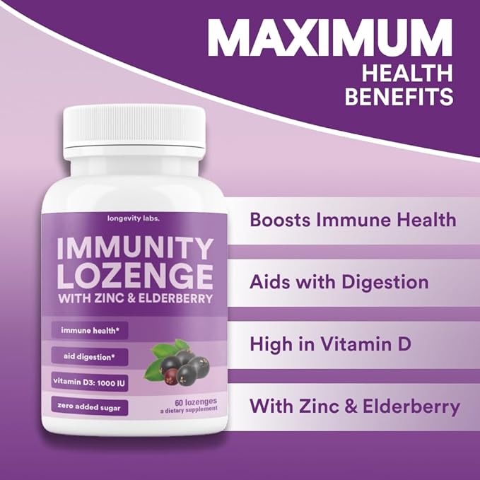 Immunity Lozenge w/Elderberry, Zinc & D3 | Immune Support Supplement for Men, Women & Kids | Non-GMO, Gluten & Caffeine Free | 60 Lozenges