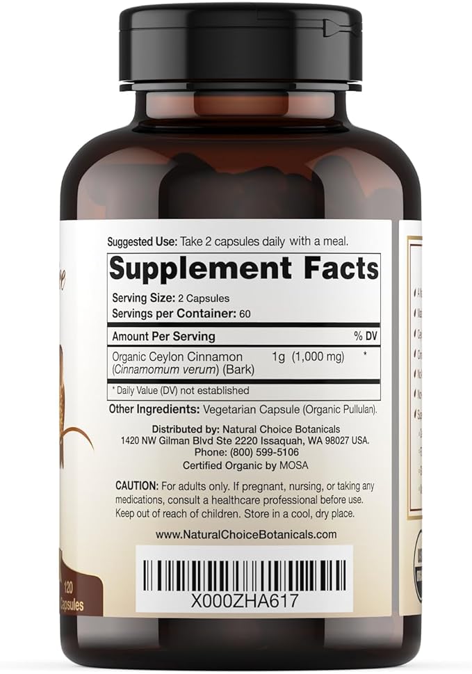 USDA Certified Organic Ceylon Cinnamon Capsules, Non-GMO Verified Supplement - 120 Capsules, 2 Month Supply