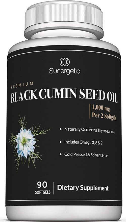Sunergetic Premium Black Cumin Seed Oil Softgels – 1,000mg of Black Seed Oil Per Serving – Non GMO Cold Pressed Nigella Sativa – Includes Thymoquinone & Omega’s - 90 Softgels