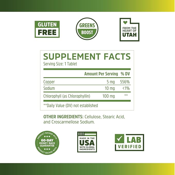 Zhou Nutrition Chlorophyll Tablets, Nutritious Green Superfood, Herbal Supplement, Gluten-Free, Herbal Support, 90 Tablets