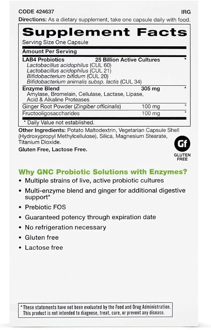 GNC Probiotic Solutions with Enzymes, Provides Digestive and Immune Support, 25 Billion CFUs, 60 Vegetarian Capsules, 60 Servings