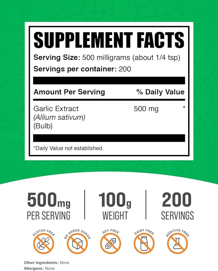 BulkSupplements.com Garlic Extract Powder - Garlic Supplement, Garlic Powder Supplement, Allium Sativum - Herbal & Gluten Free, 500mg per Serving, 100g (3.5 oz) (Pack of 1)