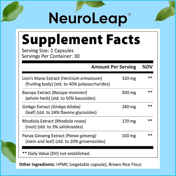 NeuroLeap Premium Nootropic Brain Health Supplement | US-Made | Supports Memory, Focus, Clarity, Energy | Easy-to-Swallow | Bacopa Monnieri, Lion's Mane, Rhodiola Rosea, Ginkgo, Ginseng |60 Count