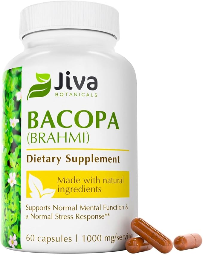 Jiva Botanicals Bacopa Monnieri Supplement 1000mg per Serving - Bacopa Monnieri (Brahmi) & Extract for Normal Brain, Focus, & Memory Support - Ayurvedic Herbs, Made in The USA - 60 Capsules