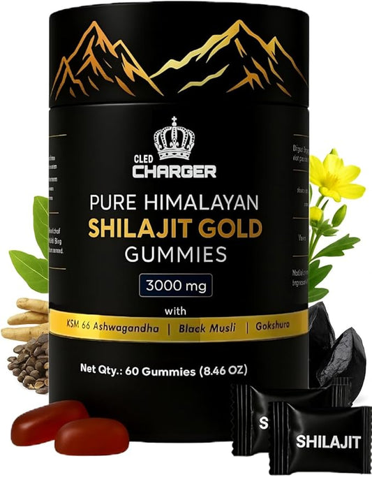 Pure Himalayan Shilajit Gummies Gold with KSM 66 Ashwagandha, Gokshura, Black Musli | Fulvic Acid & 85+ Trace Minerals | Shilajit for Men, Women | 100% Natural and Organic | 60 Gummies