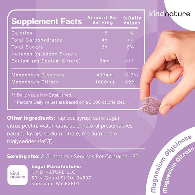 Kind Nature Magnesium Glycinate & Citrate Gummies – Calm Magnesium Complex for Sleep, Stress, Cramps & Digestion – Chewable Vegan Magnesium Supplement for Women, Teens, Adults – 60 Ct
