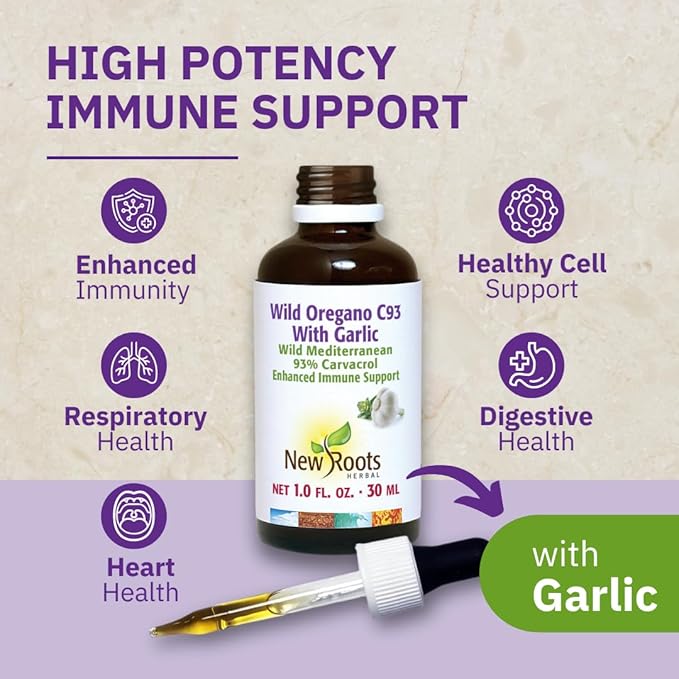 New Roots | Wild Oregano Oil Drops with Garlic (30 ml) | C93 Extra Strength with Highest Concentration Carvacrol (93%), Hand-Picked Mediterranean Oregano Oil Liquid