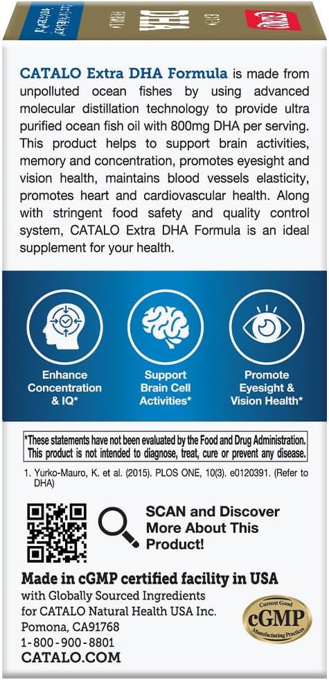 CATALO Extra DHA Formula, 800mg DHA per Serving, Ocean Fish Oil Softgels with Natural Lemon Flavor, Advanced Molecular Distillation, Easy-to-Swallow, No Artificial Colors & Preservatives – 90 Softgels