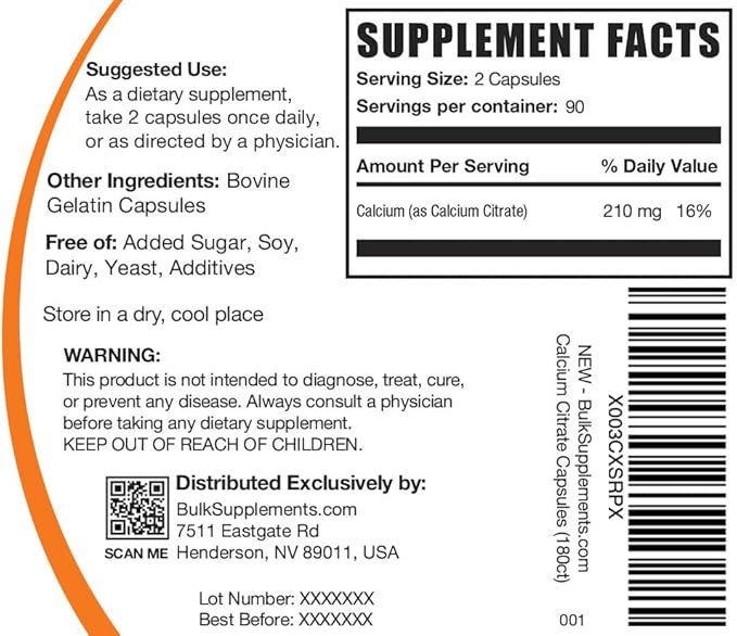 BulkSupplements.com Calcium Citrate Capsules - Calcium Citrate Supplement - Soy Free -180 Capsules (Pack of 1)